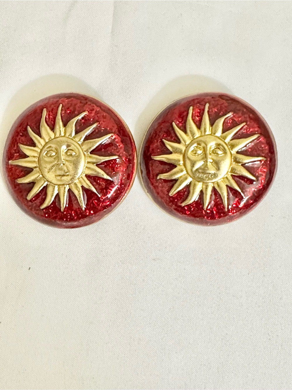 Vintage Gold Plated Red Enamel Sunburst Earrings (Moderate Weight)
